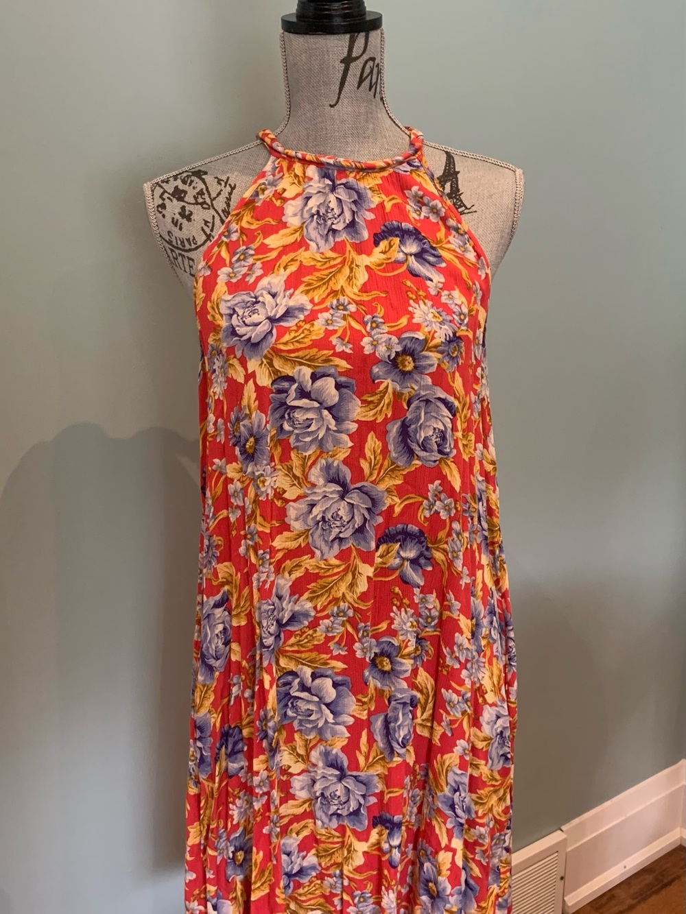 American Eagle Outfitters Coral Maxi Dress with Blue Floral Print